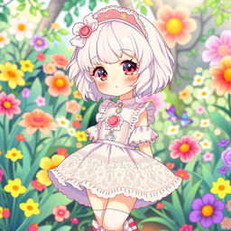 Curly albino girl with short hair, wearing a Lolita-style dress