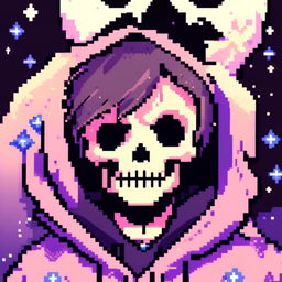 Pixel art profile picture featuring a detailed skull against a dark, starry background.