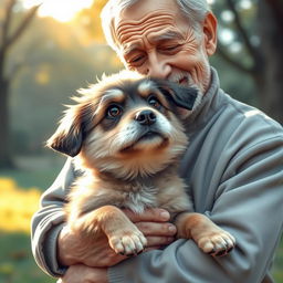 A heartwarming scene depicting an abandoned cute dog, with expressive eyes and a scruffy fur coat, being lovingly rescued by an elderly man