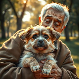 A heartwarming scene depicting an abandoned cute dog, with expressive eyes and a scruffy fur coat, being lovingly rescued by an elderly man