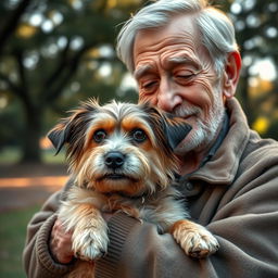 A heartwarming scene depicting an abandoned cute dog, with expressive eyes and a scruffy fur coat, being lovingly rescued by an elderly man