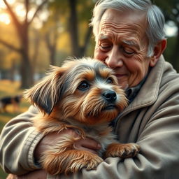 A heartwarming scene depicting an abandoned cute dog, with expressive eyes and a scruffy fur coat, being lovingly rescued by an elderly man