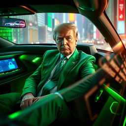 A visually striking digital artwork depicting Donald Trump sitting inside a futuristic car inspired by the Matrix aesthetic