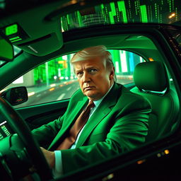 A visually striking digital artwork depicting Donald Trump sitting inside a futuristic car inspired by the Matrix aesthetic