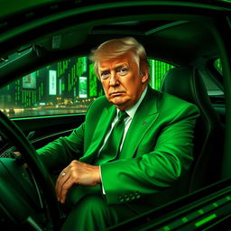 A visually striking digital artwork depicting Donald Trump sitting inside a futuristic car inspired by the Matrix aesthetic