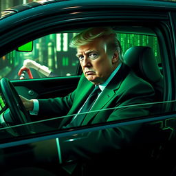 A visually striking digital artwork depicting Donald Trump sitting inside a futuristic car inspired by the Matrix aesthetic