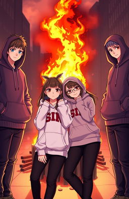A scene depicting a stylish, urban setting with a bright fire burning in the background