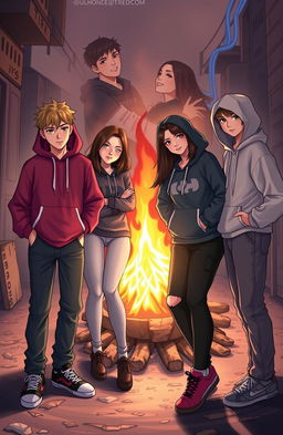 A scene depicting a stylish, urban setting with a bright fire burning in the background