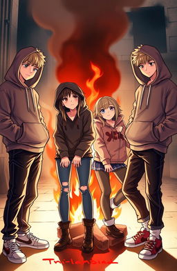 A scene depicting a stylish, urban setting with a bright fire burning in the background