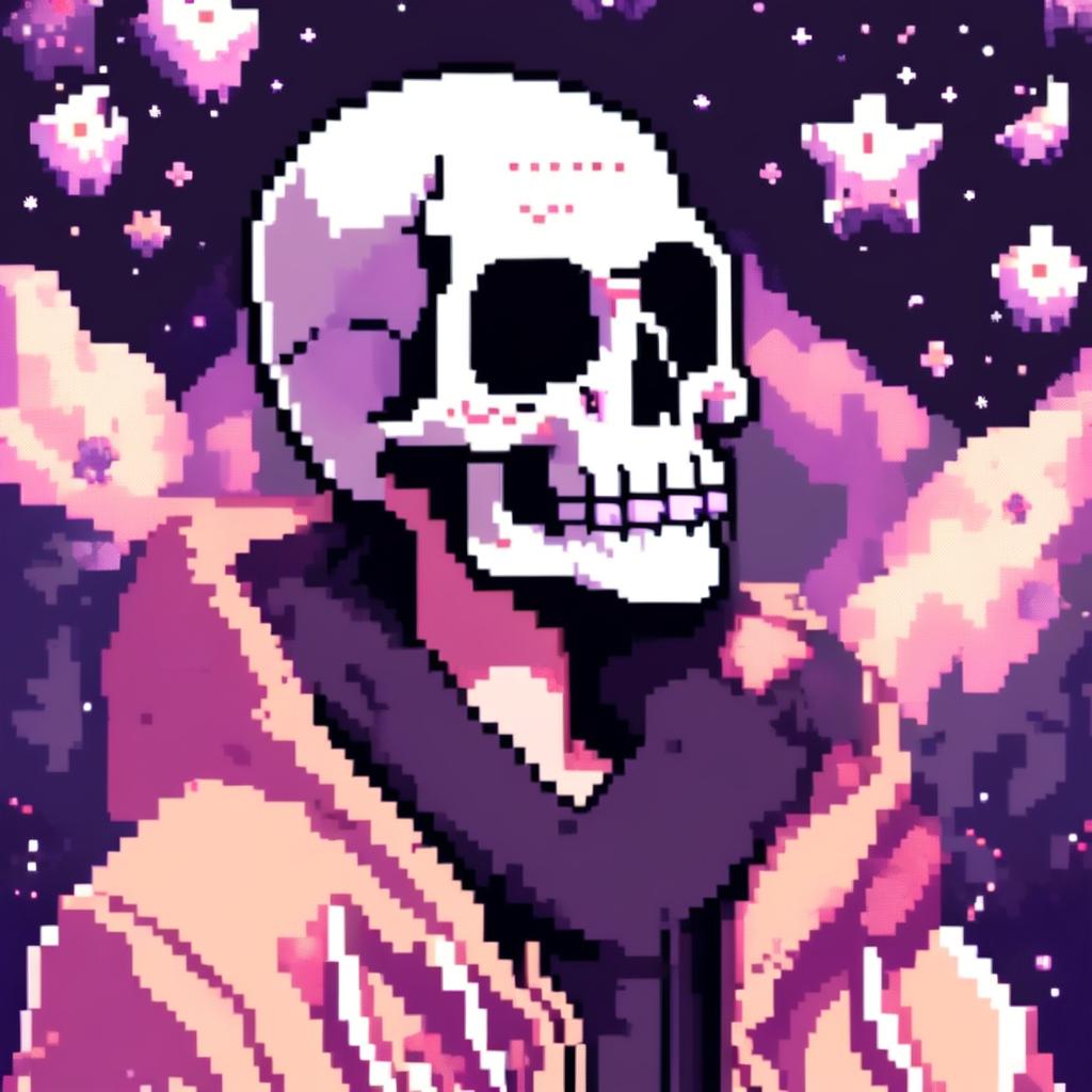 Pixel art profile picture featuring a detailed skull against a dark, starry background.