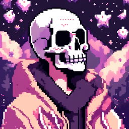 Pixel art profile picture featuring a detailed skull against a dark, starry background.