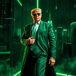 A dynamic digital artwork featuring Donald Trump dressed in an elegant, long green suit reminiscent of a spy aesthetic, inspired by the Matrix theme