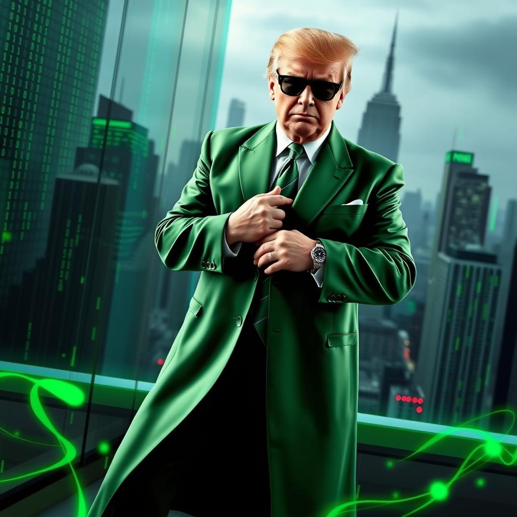 A dynamic digital artwork featuring Donald Trump dressed in an elegant, long green suit reminiscent of a spy aesthetic, inspired by the Matrix theme