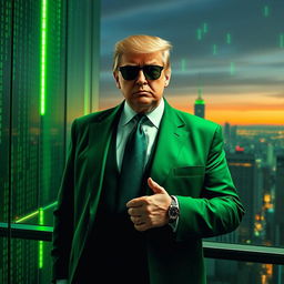 A dynamic digital artwork featuring Donald Trump dressed in an elegant, long green suit reminiscent of a spy aesthetic, inspired by the Matrix theme