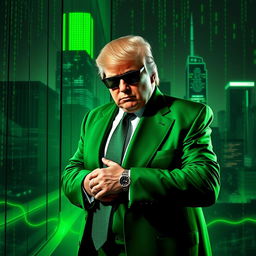 A dynamic digital artwork featuring Donald Trump dressed in an elegant, long green suit reminiscent of a spy aesthetic, inspired by the Matrix theme