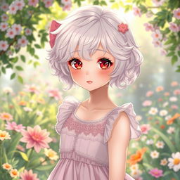 A beautiful albino girl with short, curly hair wearing a cute Lolita-style dress, the dress features lace and pastel colors, designed in an anime art style