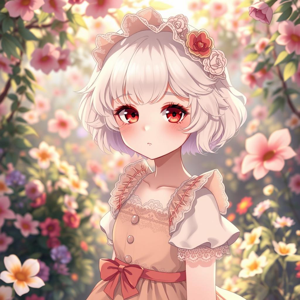 A beautiful albino girl with short, curly hair wearing a cute Lolita-style dress, the dress features lace and pastel colors, designed in an anime art style