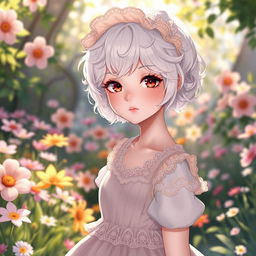 A beautiful albino girl with short, curly hair wearing a cute Lolita-style dress, the dress features lace and pastel colors, designed in an anime art style