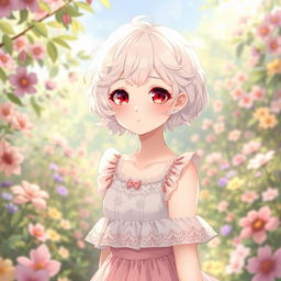 A beautiful albino girl with short, curly hair wearing a cute Lolita-style dress, the dress features lace and pastel colors, designed in an anime art style