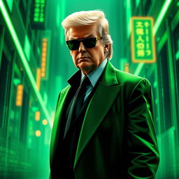 A captivating digital artwork portraying Donald Trump as a spy agent in a long, stylish green suit, inspired by the Matrix aesthetic