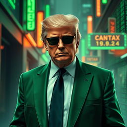 A captivating digital artwork portraying Donald Trump as a spy agent in a long, stylish green suit, inspired by the Matrix aesthetic