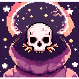 Pixel art profile picture featuring a detailed skull against a dark, starry background.