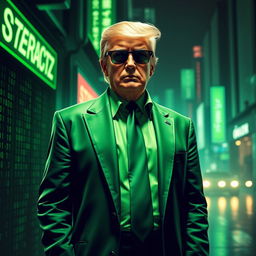 A captivating digital artwork portraying Donald Trump as a spy agent in a long, stylish green suit, inspired by the Matrix aesthetic