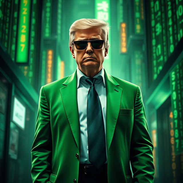 A captivating digital artwork portraying Donald Trump as a spy agent in a long, stylish green suit, inspired by the Matrix aesthetic