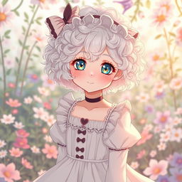 A curly-haired albino girl with short hair, dressed in a Lolita-style dress