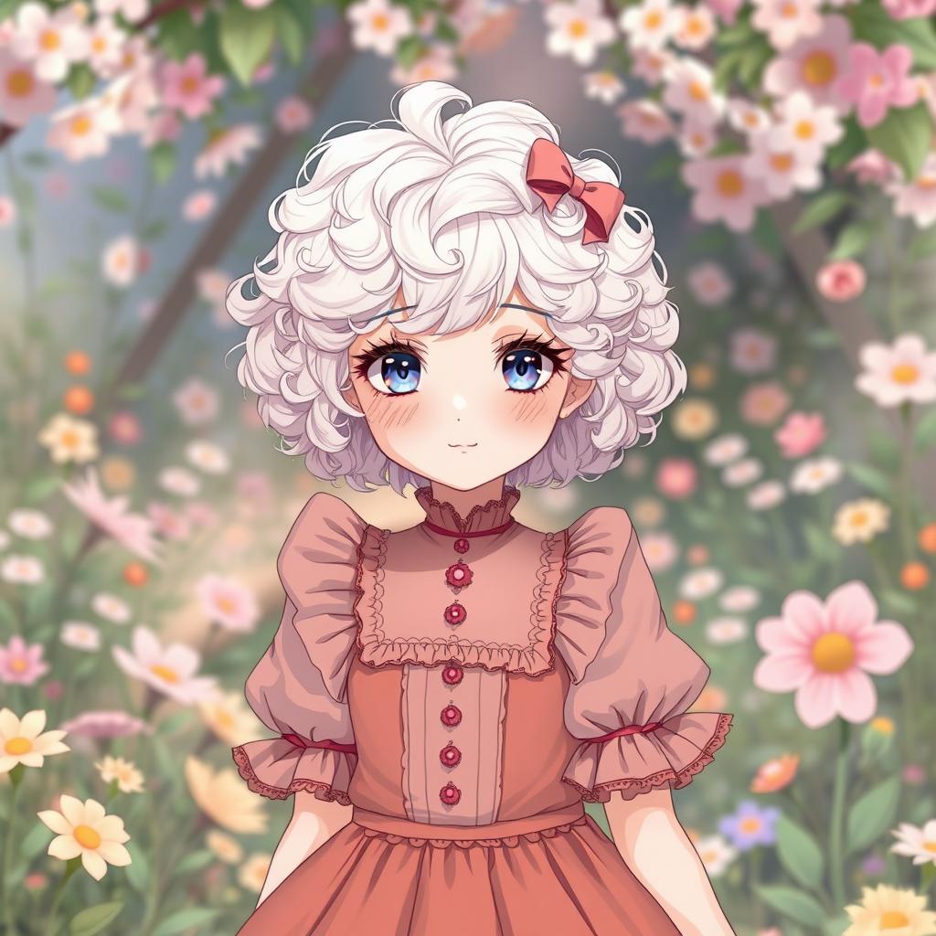 A curly-haired albino girl with short hair, dressed in a Lolita-style dress