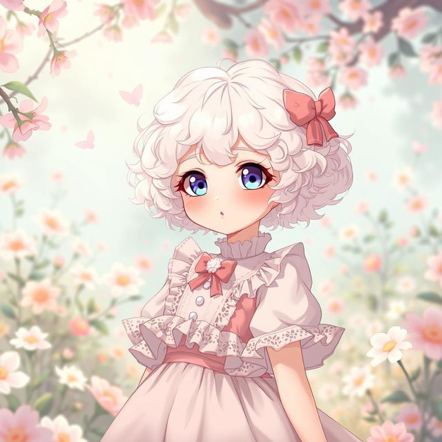 A curly-haired albino girl with short hair, dressed in a Lolita-style dress