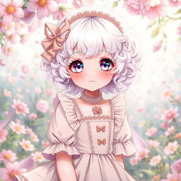 A curly-haired albino girl with short hair, dressed in a Lolita-style dress