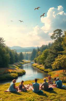 A serene landscape depicting the beauty of nature, featuring a tranquil river flowing through a lush green forest with vibrant flowers blooming along the banks