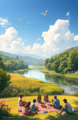 A serene landscape depicting the beauty of nature, featuring a tranquil river flowing through a lush green forest with vibrant flowers blooming along the banks