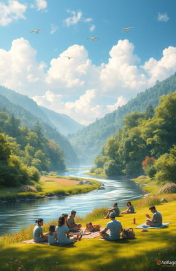 A serene landscape depicting the beauty of nature, featuring a tranquil river flowing through a lush green forest with vibrant flowers blooming along the banks