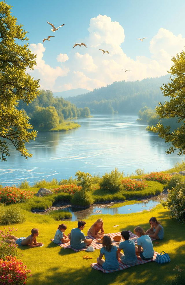 A serene landscape depicting the beauty of nature, featuring a tranquil river flowing through a lush green forest with vibrant flowers blooming along the banks