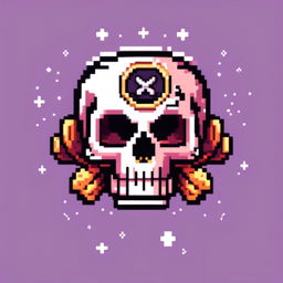 Pixel art profile picture featuring a detailed skull against a dark, starry background.