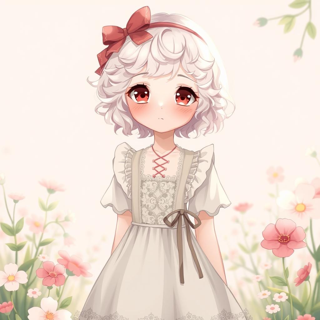 A whimsical anime-style illustration of a curly-haired albino girl with short hair, dressed in a vintage Lolita dress