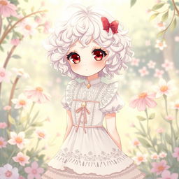 A whimsical anime-style illustration of a curly-haired albino girl with short hair, dressed in a vintage Lolita dress