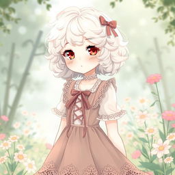 A whimsical anime-style illustration of a curly-haired albino girl with short hair, dressed in a vintage Lolita dress
