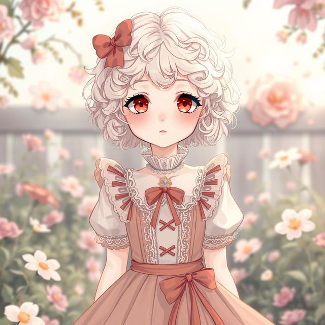 A whimsical anime-style illustration of a curly-haired albino girl with short hair, dressed in a vintage Lolita dress