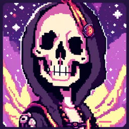 Pixel art profile picture featuring a detailed skull against a dark, starry background.