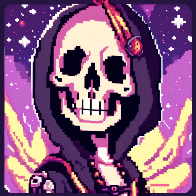 Pixel art profile picture featuring a detailed skull against a dark, starry background.