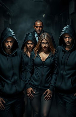 A dark and moody mafia-themed photograph featuring a group of four characters