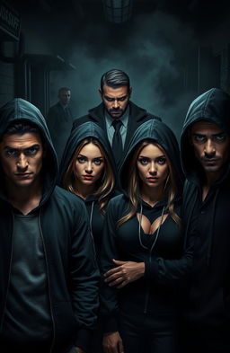 A dark and moody mafia-themed photograph featuring a group of four characters