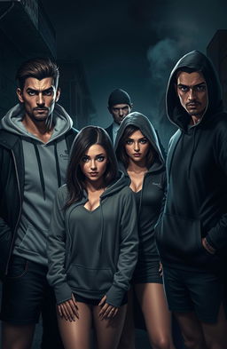 A dark and moody mafia-themed photograph featuring a group of four characters