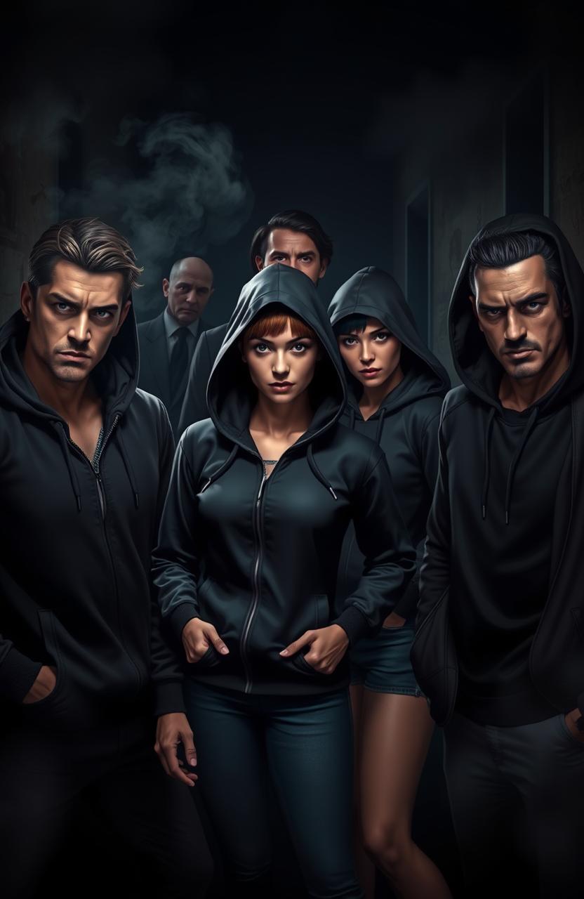 A dark and moody mafia-themed photograph featuring a group of four characters