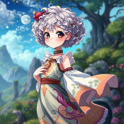 A curly-haired girl with short hair and albinism, dressed in an unusual dress