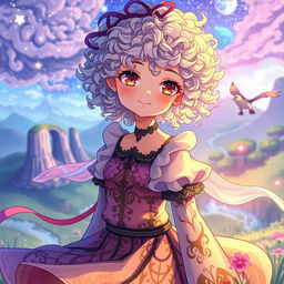 A curly-haired girl with short hair and albinism, dressed in an unusual dress