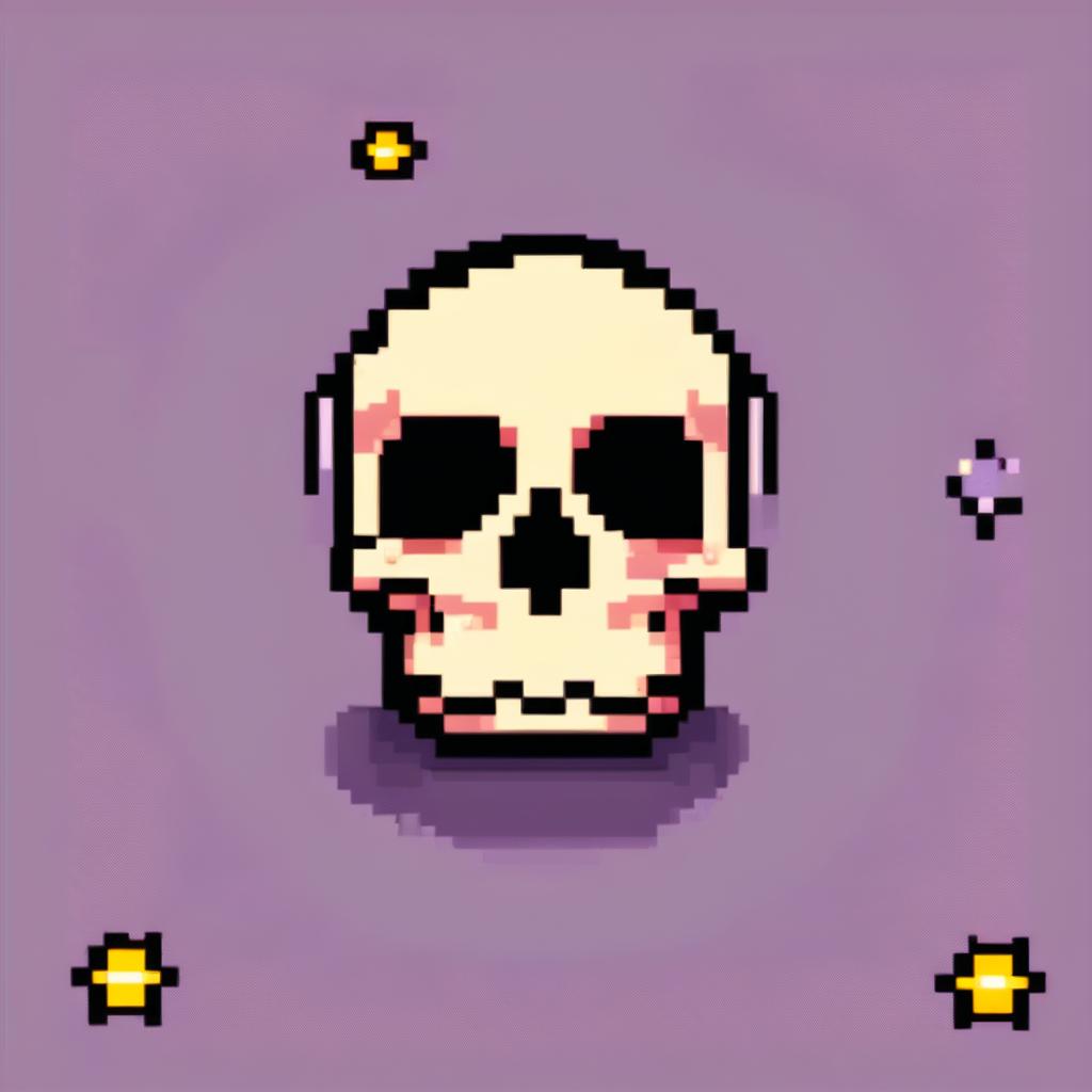 Pixel art profile picture featuring a detailed skull against a dark, starry background.